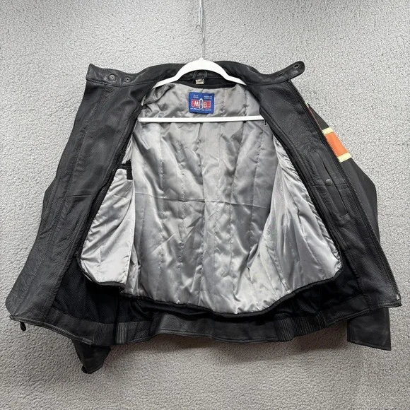 MOB Leather Jacket Mens Medium Black Orange Stripe Premium Cowhide Distressed
